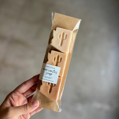 A hand holding a packaged Arizona Cactus Soap Trio with three bars of soap shaped like cacti, wrapped in brown paper with a label.