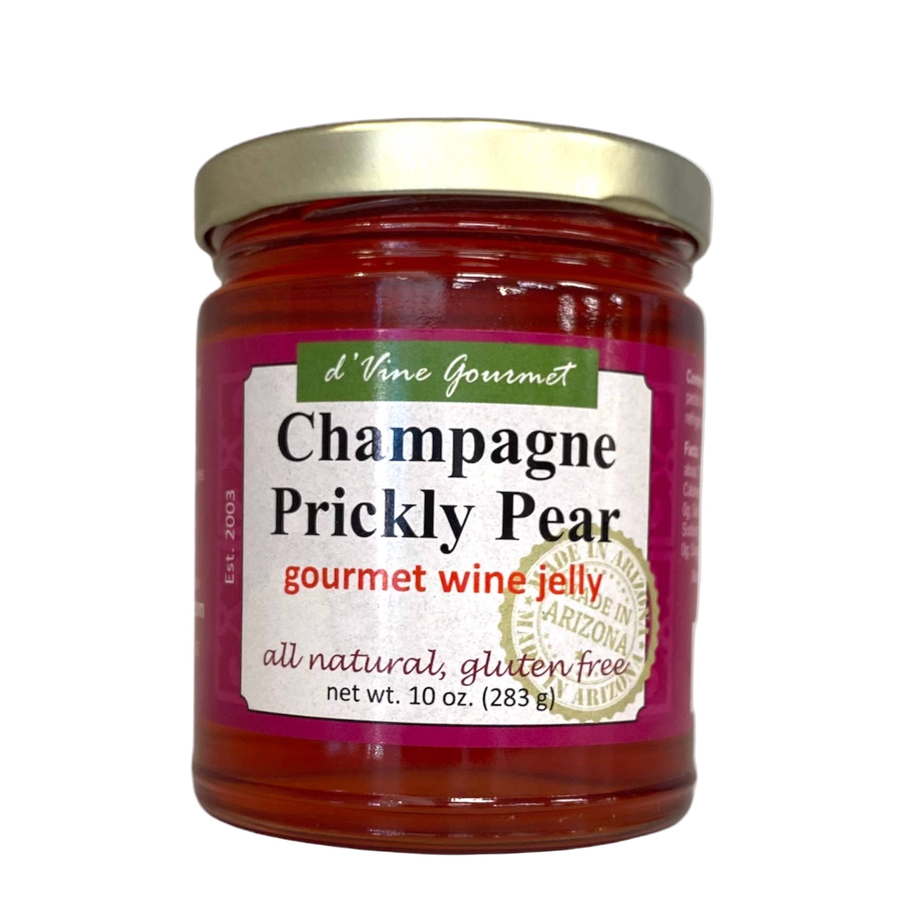 Jar of Champagne Prickly Pear gourmet wine jelly with a gold lid on a white background