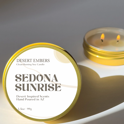 Sedona Sunrise candle with packaging on a light background
